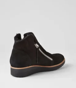 Women TOP END Boots|Wedges-Opal Black Suede Fur Ankle Boots