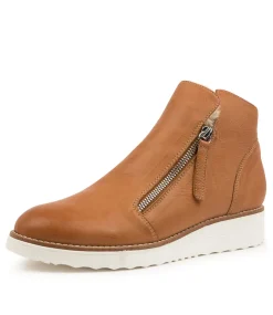 Women TOP END Boots|Wedges-Opal Dark Tan Beige Leather Fur Ankle Boots