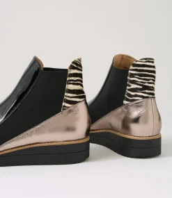 Women TOP END Boots|Wedges-Osiel Black Metallic Zebra Patent Multi Ankle Boots
