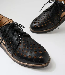 Women TOP END Flats-Ozippy Black Leather Lace Up Flats