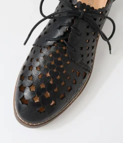 Women TOP END Flats-Ozippy Black Leather Lace Up Flats