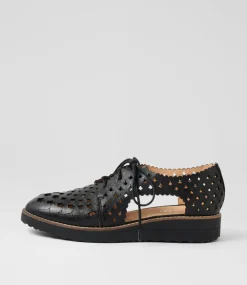 Women TOP END Flats-Ozippy Black Leather Lace Up Flats