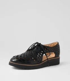 Women TOP END Flats-Ozippy Black Leather Lace Up Flats