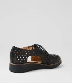 Women TOP END Flats-Ozippy Black Leather Lace Up Flats