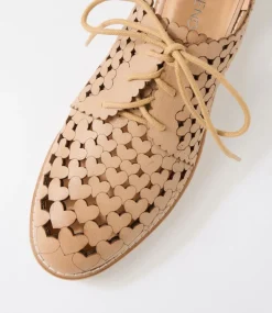 Women TOP END Flats-Ozippy Camel Leather Lace Up Flats