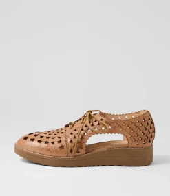 Women TOP END Flats-Ozippy Dark Tan Light Choc Leather Lace Up Flats