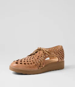 Women TOP END Flats-Ozippy Dark Tan Light Choc Leather Lace Up Flats