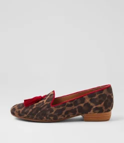 Women DIANA FERRARI Loafers|Flats-Ranne Tan Leopard Red Suede Loafers