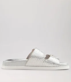 Women TOP END Flats|Sandals-Rennes Silver Croc Leather Sandals