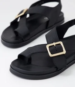 Women TOP END Flats|Sandals-Rikkel Black Leather Sandals