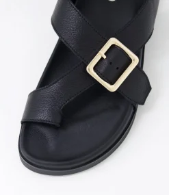 Women TOP END Flats|Sandals-Rikkel Black Leather Sandals
