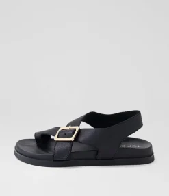 Women TOP END Flats|Sandals-Rikkel Black Leather Sandals