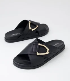 Women TOP END Flats|Slides-Roule Black Leather Slides