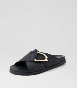 Women TOP END Flats|Slides-Roule Black Leather Slides