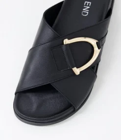 Women TOP END Flats|Slides-Roule Black Leather Slides