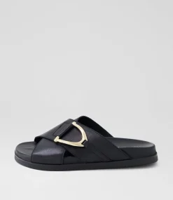 Women TOP END Flats|Slides-Roule Black Leather Slides