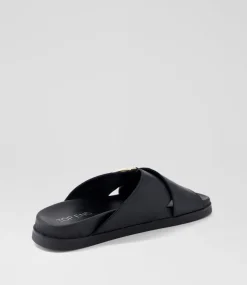 Women TOP END Flats|Slides-Roule Black Leather Slides