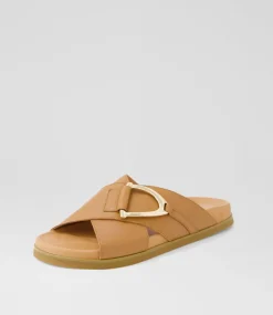 Women TOP END Flats|Slides-Roule Dark Tan Leather Slides