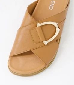 Women TOP END Flats|Slides-Roule Dark Tan Leather Slides