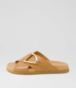 Women TOP END Flats|Slides-Roule Dark Tan Leather Slides