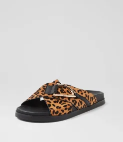 Women TOP END Slides|Flats-Roule Tan Leopard Black Leather Slides