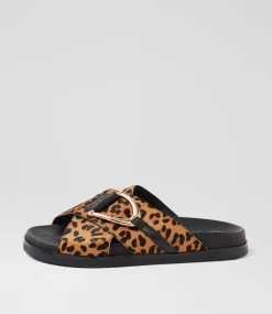 Women TOP END Slides|Flats-Roule Tan Leopard Black Leather Slides