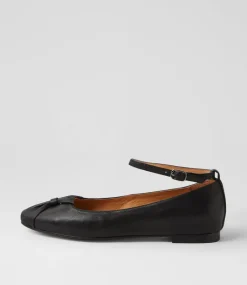 Women TOP END Flats-Sella Black Leather Ballet Flats