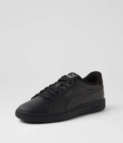 PUMA Sport School Shoes-Smash 3 L Junior Black Shadow Gray Leather Sneakers