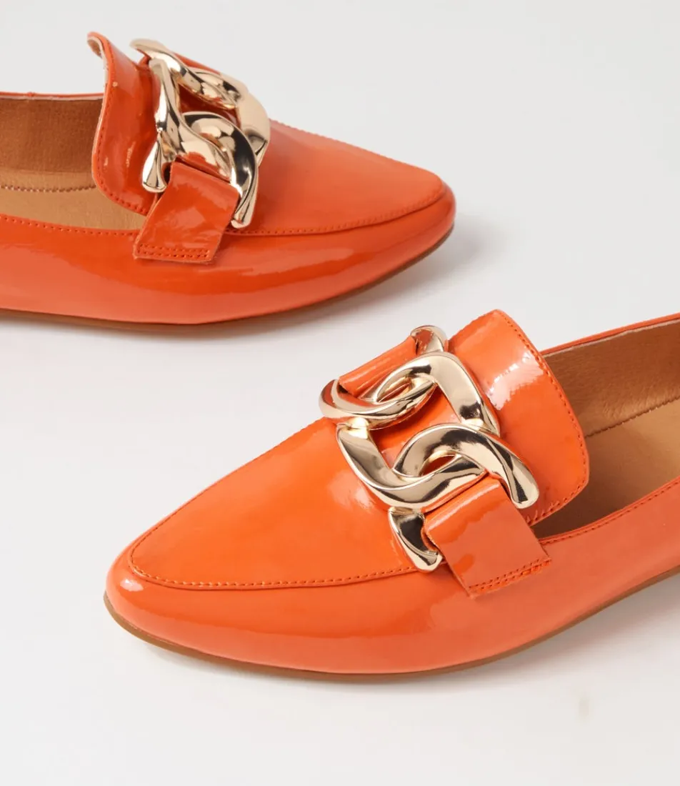 Women TOP END Flats|Loafers-Socoro Orange Patent Leather Flat Shoes