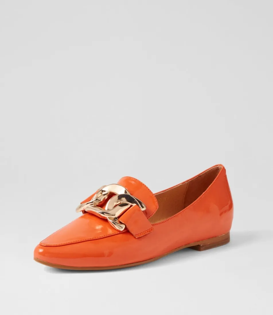 Women TOP END Flats|Loafers-Socoro Orange Patent Leather Flat Shoes