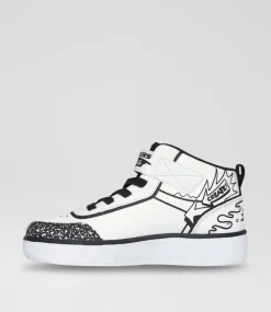 SKECHERS Sport School Shoes-Sport Court 92 Colour Junior White Black Fabric Sneakers