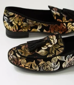Women DIANA FERRARI Loafers|Flats-Tada Gold Floral Black Suede Loafers