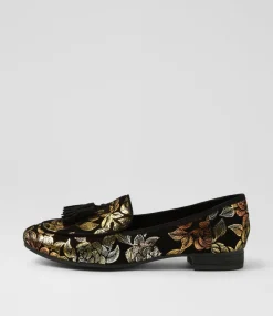 Women DIANA FERRARI Loafers|Flats-Tada Gold Floral Black Suede Loafers