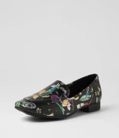Women DIANA FERRARI Dress|Loafers-Temimie Black Base Floral Leather Flat Shoes