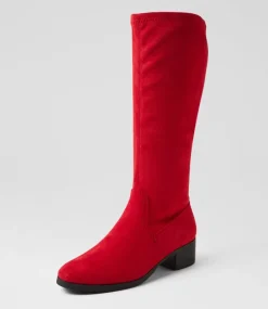 Women I LOVE BILLY Boots-Tenner Red Stretch Microsuede Knee High Boots