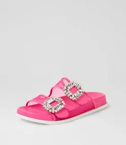 Women TOP END Flats|Slides-Toastey Hot Pink Leather Mesh Slides