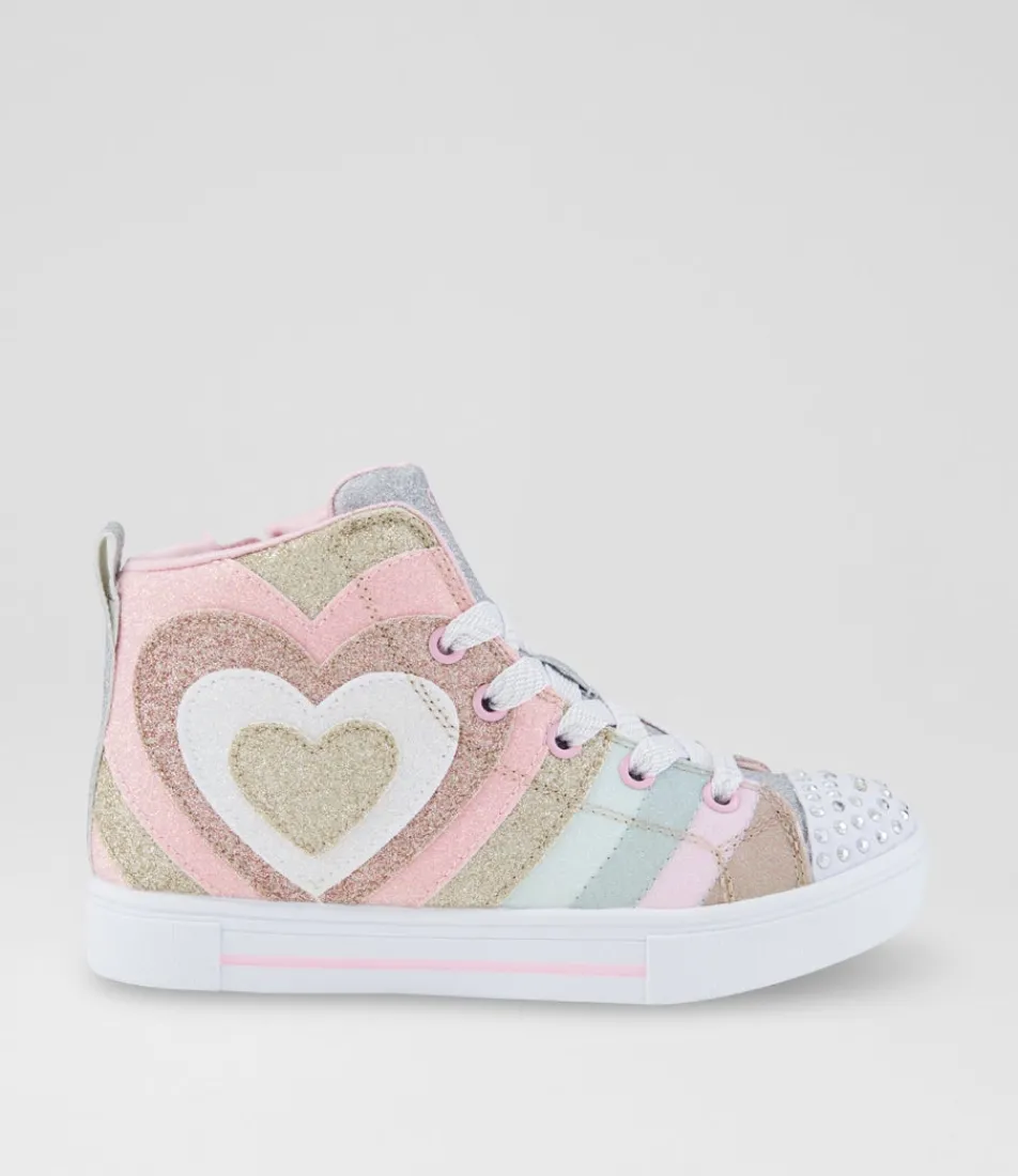 SKECHERS Sport School Shoes-Twinkle Sparks Junior Gold Pink Silver Canvas Fabric Sneakers