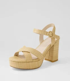 Women TOP END Heels-Vostie Camel Synthetic Raffia Sandals