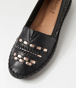 Women SUPERSOFT Loafers|Flats-Wandies Black Rose Gold Leather Loafers
