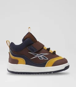 REEBOK Sport School Shoes-Weebok Storm Toddler Brown Navy Gold Leather Sneakers