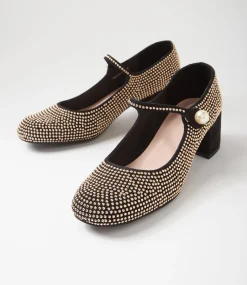 Women TOP END Mary Janes|Heels-Welos Black Gold Suede Mary Jane Heels