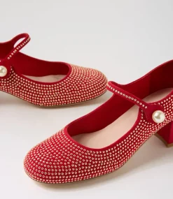 Women TOP END Mary Janes|Heels-Welos Red Suede Mary Jane Heels