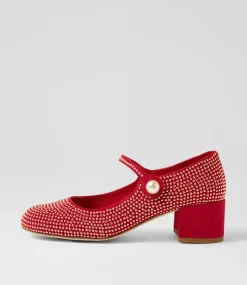 Women TOP END Mary Janes|Heels-Welos Red Suede Mary Jane Heels