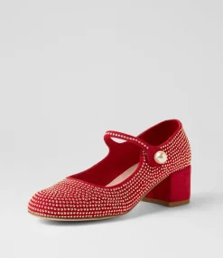 Women TOP END Mary Janes|Heels-Welos Red Suede Mary Jane Heels