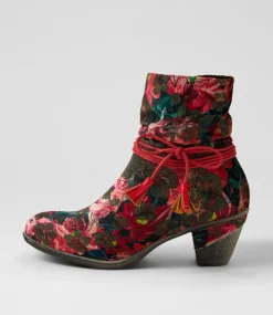 Women I LOVE BILLY Boots-Zonte Red Ornate Velvet Ankle Boots