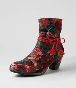 Women I LOVE BILLY Boots-Zonte Red Ornate Velvet Ankle Boots
