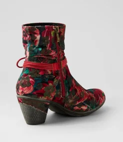 Women I LOVE BILLY Boots-Zonte Red Ornate Velvet Ankle Boots
